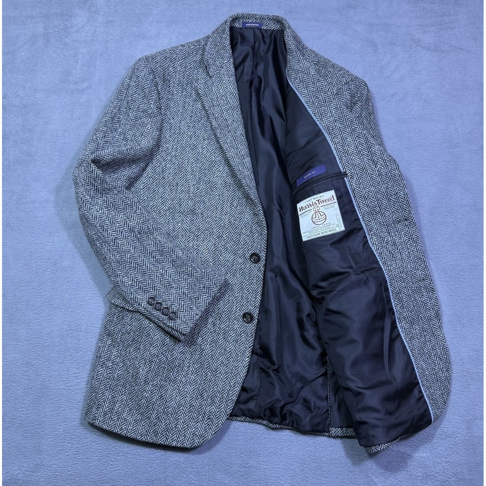 Stafford Harris Tweed Blazer Mens 42R Gray Herringbone 100% Wool Classic Fit